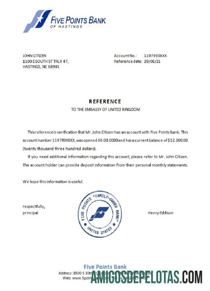 Referência do Banco Five Points dos EUA exemplo